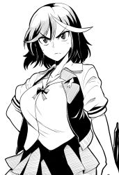 Rule 34 | 1girl, breasts, closed mouth, collarbone, commentary request, cowboy shot, greyscale, highres, himajin noizu, holding, jacket, kill la kill, large breasts, looking at viewer, matoi ryuuko, monochrome, multicolored hair, neck ribbon, pleated skirt, ribbon, shirt, short hair, short sleeves, simple background, skirt, solo, streaked hair, tsurime, v-shaped eyebrows