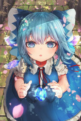 Rule 34 | 1girl, absurdres, blue dress, blue eyes, blue hair, bow, cherry blossoms, cirno, cryokinesis, day, dress, eyebrows hidden by hair, from above, hair bow, highres, ice, ice wings, looking at viewer, open mouth, outdoors, petals, puffy short sleeves, puffy sleeves, red ribbon, ribbon, short hair, short sleeves, solo, star-shaped pupils, star (symbol), symbol-shaped pupils, touhou, wings