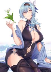 Rule 34 | 1girl, absurdres, alternate costume, bare shoulders, black dress, black hairband, black thighhighs, blue hair, blush, breasts, commentary request, dress, eula (genshin impact), flower, genshin impact, hair between eyes, hair ornament, hairband, hand up, highres, hiroshi (2443303124), large breasts, long hair, looking at viewer, shawl, simple background, sleeveless, sleeveless dress, smile, solo, thighhighs, thighs, white background, white flower