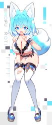 Rule 34 | 1girl, absurdres, animal ear fluff, animal ears, bikini, blue eyes, blue footwear, blue hair, breasts, finger to mouth, fox ears, fox girl, fox tail, full body, hair between eyes, halterneck, hand on own thigh, highres, large breasts, leaning forward, mamuru, mary janes, medium hair, navel, open mouth, original, shoes, skindentation, smile, solo, swimsuit, tail, thighhighs, thighs, white background, white bikini, white thighhighs, wrist cuffs