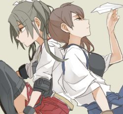 Rule 34 | 10s, 2girls, back-to-back, brown eyes, brown hair, green eyes, grey hair, japanese clothes, kaga (kancolle), kantai collection, looking down, looking up, multiple girls, one-hour drawing challenge, paper airplane, ree (re-19), short hair, side ponytail, simple background, sitting, twintails, zuikaku (kancolle)