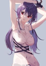 Rule 34 | arknights, armpits, arms up, black gloves, breasts, ch&#039;en (arknights), fingerless gloves, gloves, grey background, hair between eyes, highres, id card, large breasts, lips, long hair, open mouth, purple hair, red eyes, shirt, sidelocks, simple background, sleeveless, sleeveless shirt, solo, twintails, upper body, white shirt, yamijam