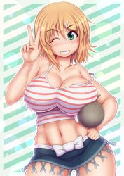Rule 34 | 10s, 1girl, bare shoulders, blonde hair, blue skirt, blush, breasts, cleavage, collarbone, contrapposto, crop top, green eyes, grin, hair between eyes, hair ornament, hairclip, hanabi (senran kagura), hand on own hip, highres, impossible clothes, impossible shirt, large breasts, long hair, looking at viewer, md5 mismatch, miniskirt, navel, one eye closed, outline, ponponmaru, senran kagura, shiny skin, shirt, skirt, sleeveless, sleeveless shirt, smile, solo, spaghetti strap, standing, strap slip, striped clothes, striped shirt, striped tank top, tank top, thighs, v