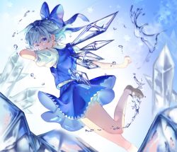 Rule 34 | 1girl, bloomers, blue background, blue bow, blue dress, blue eyes, blue hair, blush, bow, cirno, collared shirt, commentary, dress, full body, gradient background, hair bow, hydrokinesis, ice, ice wings, looking at viewer, looking back, mary janes, pinafore dress, puffy short sleeves, puffy sleeves, rainbow, red neckwear, red ribbon, ribbon, saibeo tomato, shirt, shoes, short hair, short sleeves, simple background, sleeveless, sleeveless dress, smile, snowflakes, socks, solo, touhou, underwear, water, white shirt, white socks, wing collar, wings
