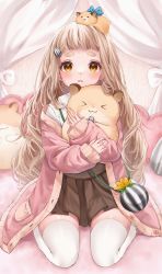 Rule 34 | 1girl, absurdres, animal, animal on head, blouse, blush, brown hair, brown skirt, cardigan, hugging doll, hair ornament, hamster, highres, long hair, long sleeves, looking at viewer, machita chima, nichino, nijisanji, hugging object, on bed, on head, open cardigan, open clothes, parted lips, pink cardigan, pleated skirt, shirt, sitting, skirt, solo, stuffed hamster, thick eyebrows, thighhighs, very long hair, virtual youtuber, wariza, white shirt, white thighhighs, yellow eyes