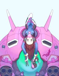 Rule 34 | 1girl, animal print, arms up, blue bodysuit, bodysuit, breasts, brown eyes, brown hair, blowing bubbles, character name, charm (object), chewing gum, clothes writing, crossed legs, d.va (overwatch), emblem, facepaint, facial mark, gloves, gun, handgun, headphones, high collar, highres, holding, holding gun, holding weapon, long hair, looking at viewer, lying, lying on object, mecha, medium breasts, meka (overwatch), on back, overwatch, overwatch 1, pilot suit, pinky out, pistol, rabbit print, ribbed bodysuit, robot, shoulder pads, simple background, skin tight, solo, tab (tabkun), thigh gap, trigger discipline, upside-down, v, weapon, whisker markings, white background, white gloves