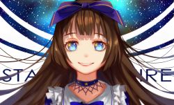 Rule 34 | 1girl, blue bow, blue eyes, bow, brown hair, character name, choker, collarbone, commentary request, frills, grin, hair bow, highres, long hair, looking at viewer, open mouth, sidelocks, sky, smile, solo, star (sky), star sapphire, starry sky, touhou, upper body, ze xia