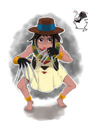 Rule 34 | 1girl, anklet, artist request, barefoot, bracelet, chang koehan, chang koehan (cosplay), choi bounge, choi bounge (cosplay), choi mochimazzui, claw (weapon), claws, cosplay, crossover, dark skin, dera mochimazzui, dress, fedora, hat, jewelry, lots of jewelry, name connection, parody, tamako market, the king of fighters, tongue, weapon