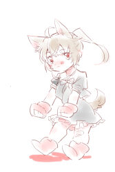 Rule 34 | 1girl, aged down, ahoge, animal ears, assault lily, bandaid, bandaid on knee, bandaid on leg, black skirt, blush, boots, bow, bowtie, brown hair, closed mouth, commentary request, cropped jacket, crossed bangs, dog ears, dog girl, dog tail, fingerless gloves, frilled skirt, frills, full body, gloves, high-waist skirt, highres, kemonomimi mode, kondou misaka, looking at viewer, medium hair, puffy short sleeves, puffy sleeves, red eyes, red footwear, red gloves, santouka, school uniform, short sleeves, simple background, sketch, skirt, solo, sparkling eyes, standing, tail, white background, yurigaoka girls academy school uniform