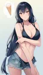 Rule 34 | 1girl, arm under breasts, bikini, bikini top only, bikini under clothes, black bikini, black hair, breasts, closed mouth, cowboy shot, cutoffs, denim, denim shorts, highres, ice cream cone, kantai collection, kasumi (skchkko), large breasts, long hair, low-tied long hair, nagato (kancolle), red eyes, short shorts, shorts, solo, spoken food, swimsuit, thought bubble