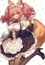Rule 34 | 1girl, :d, alternate costume, animal ears, black bow, black footwear, bow, breasts, chocoan, cleavage, detached sleeves, enmaided, fang, fate/extella, fate/extra, fate (series), fox ears, fox shadow puppet, fox tail, frilled sleeves, frilled thighhighs, frills, high heels, highres, large breasts, maid, maid headdress, official alternate costume, open mouth, orange eyes, pink hair, smile, solo, tail, tamamo (fate), tamamo no mae (fate/extra), tamamo no mae (tailmaid strike) (fate), thigh bow, thighhighs, twintails, white background