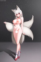 Rule 34 | 1girl, absurdres, ahoge, animal ear fluff, animal ears, bare legs, breasts, censored, cleavage, closed mouth, commission, crossed legs, earrings, expressionless, extra ears, eyeshadow, fox ears, fox girl, fox tail, full body, groin, hair between eyes, highres, inverted nipples, jewelry, kitsune, kkam-sang, large breasts, long hair, looking at viewer, makeup, mole, mole on breast, multiple tails, navel, nude, original, platform footwear, pointy ears, red eyes, sandals, shadow, socks, solo, standing, tabi, tail, very long hair, watson cross, white hair, white socks, zouri