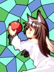 Rule 34 | 1girl, animal ears, apple, bad id, bad pixiv id, bare shoulders, blush, breasts, brown hair, fingernails, food, fruit, highres, holding, holding food, holding fruit, imaizumi kagerou, long hair, looking at another, oimo (imoyoukan), oimonocake, open mouth, red eyes, solo, tail, touhou, wolf ears, wolf tail