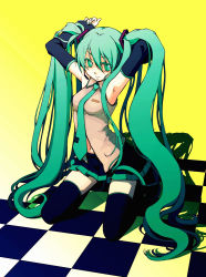 Rule 34 | 1girl, armpits, arms up, checkered floor, colorized, detached sleeves, ginta, green eyes, green hair, green nails, hatsune miku, highres, kneeling, long hair, matching hair/eyes, nail polish, necktie, perspective, skirt, solo, thighhighs, twintails, very long hair, vocaloid