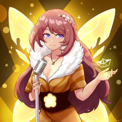 Rule 34 | 1girl, alternate costume, breasts, brown dress, brown hair, cleavage, commentary, dress, english commentary, fairy wings, flagoul, fur trim, highres, indie virtual youtuber, jewelry, lens flare, long hair, medium breasts, microphone, necklace, nina saotome, open hand, purple eyes, solo, sparkle, virtual youtuber, wings