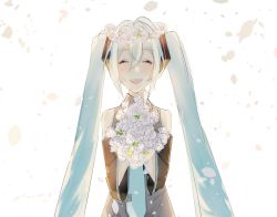 Rule 34 | 1girl, aqua eyes, aqua hair, aqua necktie, backlighting, bad id, bad pixiv id, bare shoulders, black sleeves, bouquet, closed eyes, commentary, detached sleeves, facing viewer, falling petals, flower, grey shirt, hair ornament, happy tears, hatsune miku, head wreath, headphones, highres, holding, holding bouquet, long hair, necktie, open mouth, petals, re eva, rose, shirt, sleeveless, sleeveless shirt, smile, solo, tears, twintails, upper body, very long hair, vocaloid, white background