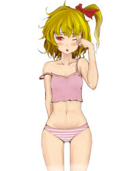 Rule 34 | 1girl, belly, blonde hair, blush, camisole, collarbone, female focus, flandre scarlet, hair ribbon, looking at viewer, navel, off shoulder, one eye closed, panties, peperoncirno, red eyes, ribbon, side ponytail, simple background, solo, strap slip, striped clothes, striped panties, touhou, underwear, underwear only, white background, wink