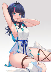 Rule 34 | 1girl, arm behind head, arm up, armpits, bare shoulders, black hair, blue eyes, blue ribbon, blush, breasts, collarbone, detached leggings, dress, fate/grand order, fate/requiem, fate (series), highres, jewelry, large breasts, looking at viewer, magatama, magatama hair ornament, medium hair, multicolored hair, necklace, open mouth, pak ce, pelvic curtain, pink hair, ribbon, seigaiha, short dress, sideboob, sideless outfit, sitting, sleeveless, sleeveless dress, streaked hair, thighs, utsumi erice, wariza, white dress, white legwear