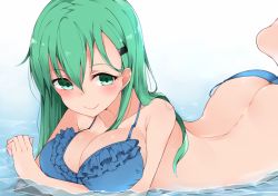Rule 34 | 10s, 1girl, aqua eyes, aqua hair, ass, bad id, bad pixiv id, bare shoulders, bikini, blush, breasts, butt crack, cleavage, cole (coleltu), female focus, kantai collection, large breasts, long hair, looking at viewer, lying, on stomach, smile, solo, suzuya (kancolle), swimsuit