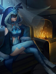 Rule 34 | 1girl, absurdres, blue hair, cicin mage (genshin impact), cloak, couch, crossed legs, cryo cicin mage (genshin impact), curtains, eye mask, fireplace, fur-trimmed hood, fur-trimmed sleeves, fur trim, genshin impact, highres, hood, hooded cloak, indoors, mae algae, open window, short hair, sitting, snowing, solo, wind, window