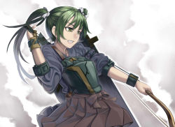 Rule 34 | 10s, 1girl, armor, arrow (projectile), bow (weapon), green eyes, green hair, h kasei, hair ribbon, holding, holding weapon, japanese clothes, kantai collection, long hair, matching hair/eyes, ribbon, solo, traditional clothes, twintails, weapon, white ribbon, yellow eyes, zuikaku (kancolle)
