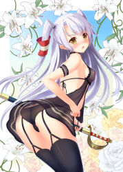 Rule 34 | 10s, 1girl, amatsukaze (kancolle), ass, babydoll, black panties, blush, breasts, brown eyes, covered erect nipples, cutlass, flower, garter straps, gradient background, kantai collection, long hair, nipples, open mouth, panties, see-through, sheath, sheathed, silver hair, small breasts, solo, thighhighs, topless, two side up, underwear, yurina