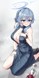Rule 34 | 1girl, absurdres, ako (blue archive), ako (dress) (blue archive), alcohol, black footwear, black hairband, blue archive, blue dress, blue eyes, blue hair, blue halo, breasts, cleavage, cup, dress, drinking glass, hair between eyes, hairband, halo, highres, large breasts, medium hair, shoes, sitting, sleeveless, sleeveless dress, solo, tears, thighs, tist, wine, wine glass