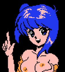 Rule 34 | 1girl, black background, blue eyes, blue hair, grabbing another&#039;s breast, breasts, breasts out, character request, collarbone, grabbing, happy, index finger raised, large breasts, limited palette, long hair, looking at viewer, medium breasts, nipples, off shoulder, open clothes, open mouth, open shirt, orange shirt, pixel art, ponytail, retro artstyle, saiwai hiroshi, grabbing own breast, shirt, short sleeves, side ponytail, simple background, smile, solo, standing, teeth, upper body