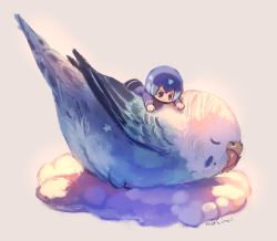Rule 34 | 1girl, artist name, bad id, bad pixiv id, bird, blue eyes, blue hair, closed eyes, closed mouth, commentary request, grey background, manino (mofuritaionaka), mini person, minigirl, original, parakeet, short hair, signature, simple background, sleeping, smile