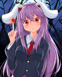 Rule 34 | &gt;:(, 1girl, animal ears, bamboo, bamboo forest, blazer, blouse, blush, breasts, buttons, commentary, commentary request, forest, full moon, jacket, light purple hair, long hair, looking at viewer, medium breasts, moon, nature, necktie, night, night sky, outdoors, pink skirt, pleated skirt, purple hair, rabbit ears, red eyes, red necktie, reisen udongein inaba, rururiaru, shirt, skirt, sky, solo, touhou, very long hair