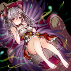 Rule 34 | 10s, 1girl, bare shoulders, barefoot, blush, feet, hands on own chest, horns, idolmaster, idolmaster cinderella girls, kanzaki ranko, long hair, looking at viewer, parted lips, red eyes, saki chisuzu, silver hair, sitting, throne, toes, twintails