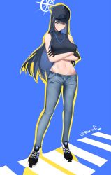 Rule 34 | 1girl, backwards hat, bare arms, bare shoulders, baseball cap, black footwear, black gloves, black hat, black shirt, blue archive, blue background, blue hair, blue pants, breasts, commentary, crop top, crossed arms, denim, full body, gloves, grey eyes, hat, highres, jeans, large breasts, long hair, looking at viewer, midriff, navel, pants, porroll, saori (blue archive), shirt, shoes, simple background, sleeveless, sleeveless shirt, sneakers, solo, standing, stomach, very long hair