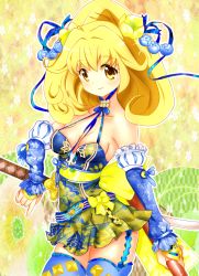 Rule 34 | 10s, 1girl, alternate costume, bad anatomy, bad id, bad pixiv id, bare shoulders, blonde hair, blush, breasts, bridal gauntlets, cleavage, cure peace, detached sleeves, dress, flower, garter straps, hair flaps, hair flower, hair ornament, kise yayoi, long hair, magical girl, medium breasts, multicolored clothes, multicolored dress, ponytail, precure, smile, smile precure!, solo, sword, thighhighs, weapon, yellow eyes, yuiyuimoe