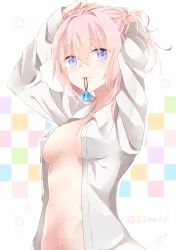 Rule 34 | 10s, 1girl, adjusting hair, arms up, bad id, bad twitter id, blue eyes, blush, breasts, kantai collection, looking at viewer, mouth hold, navel, no bra, open clothes, open shirt, pink hair, shijima (sjmr02), shiranui (kancolle), shirt, solo, twitter username, upper body