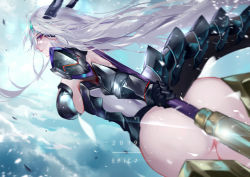 Rule 34 | 1girl, armor, artist request, ass, breasts, cleavage, closed mouth, convenient censoring, epic seven, floating, floating hair, forehead jewel, from behind, gauntlets, hair ornament, highres, holding, holding weapon, horns, large breasts, long hair, looking at viewer, looking back, luna (epic seven), md5 mismatch, petals, pointy ears, polearm, red eyes, resolution mismatch, simple background, solo, source smaller, standing, tail, vardan, very long hair, weapon, white hair