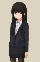 Rule 34 | 1girl, alternate costume, blunt bangs, brown eyes, brown hair, chagamaka, expressionless, eyewear on head, flat chest, formal, hatsuyuki (kancolle), highres, kantai collection, long hair, looking to the side, office lady, pantyhose, sidelocks, skirt, skirt suit, solo, suit, very long hair