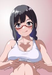 Rule 34 | 1girl, absurdres, akiyama (yehonatan), bare shoulders, black hair, blush, braid, breasts, collarbone, commentary request, crop top, cropped shirt, grey eyes, highres, long hair, looking at viewer, love live!, love live! nijigasaki high school idol club, medium breasts, midriff, pink background, red-framed eyewear, shirt, simple background, sleeveless, sleeveless shirt, smile, solo, stomach, tongue, tongue out, twin braids, upper body, yuki setsuna (love live!)