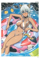 Rule 34 | 1girl, absurdres, animal ears, bare shoulders, bikini, black neckwear, blue eyes, blue hair, breasts, can, cat ears, cat tail, choker, cleavage, collar, collarbone, covered erect nipples, darabuchi, dark-skinned female, dark skin, drink can, gem, groin, hair between eyes, hair ornament, hair tie, hair tubes, highres, holding, holding can, innertube, large breasts, legs together, long hair, looking at viewer, lying, navel, on back, onsen, open mouth, partially submerged, pool, rock, sidelocks, slingshot swimsuit, soda can, solo, stomach, swim ring, swimsuit, tail, tiger ears, tiger tail, toranoana, water, white bikini