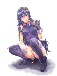 Rule 34 | 1girl, armor, bad id, bad pixiv id, bare shoulders, blue eyes, blue hair, blush, bottomless, breasts, covered erect nipples, dildo, finger to face, fingerless gloves, fire emblem, fire emblem awakening, gloves, hairband, highres, long hair, looking at viewer, lucina (fire emblem), matching hair/eyes, nintendo, no panties, object insertion, open mouth, pocari66, pussy, pussy juice, sex toy, solo, squatting, thighhighs, tiara, uncensored, vaginal, vaginal object insertion, vibrator