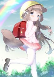 Rule 34 | 1girl, animal ears, ass, azur lane, backpack, bag, blue eyes, blush, bow, brown hair, clothes lift, cloud, commentary request, crescent, crescent hair ornament, crime prevention buzzer, day, dog ears, dog tail, from side, fumizuki (azur lane), hair bow, hair ornament, hat, highres, leg up, long hair, looking back, mary janes, miniskirt, open mouth, outdoors, pantyhose, pink shirt, pink skirt, rainbow, randoseru, ribbon, running, school hat, school uniform, serafuku, shirt, shoes, skirt, skirt lift, sky, solo, tail, water, white pantyhose, yellow hat