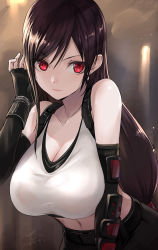 Rule 34 | 1girl, bare shoulders, belt, black gloves, black hair, black skirt, breasts, cleavage, collarbone, commentary request, crop top, elbow gloves, final fantasy, final fantasy vii, fingerless gloves, gauntlets, gloves, hand up, highres, large breasts, long hair, looking at viewer, low-tied long hair, midriff, navel, red eyes, shirt, skirt, sleeveless, sleeveless shirt, solo, tea (nakenashi), tifa lockhart, upper body, very long hair, white shirt