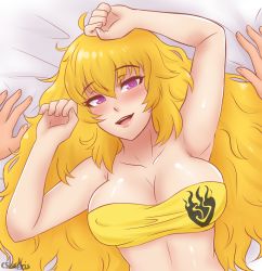 Rule 34 | 1girl, ahoge, bandeau, blonde hair, blush, breasts, cleavage, commentary, covered erect nipples, cslucaris, eyebrows, hair between eyes, imminent penetration, large breasts, long hair, looking at viewer, lying, on back, pov, purple eyes, rwby, solo, strapless, tube top, unaligned breasts, yang xiao long