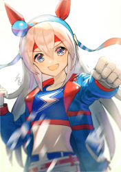 Rule 34 | 1girl, animal ears, belt, blue eyes, blue jacket, blurry, clenched hands, commentary, cowboy shot, crop top, depth of field, fang, gloves, grey hair, hair between eyes, hairband, headband, horse ears, horse girl, jacket, lightning bolt symbol, long hair, long sleeves, looking at viewer, midriff, navel, open mouth, outstretched arm, reaching, reaching towards viewer, signature, smile, solo, tamamo cross (umamusume), umamusume, v-shaped eyebrows, white gloves, yamahara