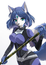Rule 34 | 1girl, animal ears, animal nose, aqua eyes, belt, blue bodysuit, blue gemstone, blue hair, body fur, bodysuit, breasts, circlet, claws, cleavage, cleavage cutout, closed mouth, clothing cutout, cowboy shot, crystal, dutch angle, female focus, fox ears, fox girl, fox tail, furry, furry female, gem, gradient background, hair tubes, hand up, happy, highres, holding, holding polearm, holding spear, holding weapon, krystal, long sleeves, looking at viewer, medium breasts, multicolored hair, namagaki yukina, nintendo, polearm, shiny clothes, short hair, simple background, smile, snout, solo, spear, standing, star fox, star fox assault, streaked hair, tail, two-handed, two-tone hair, weapon, white background, white hair