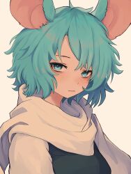 1girl absurdres animal_ears blue_eyes blue_hair commentary frown highres looking_at_viewer mouse_ears mouse_girl original scarf short_hair upper_body yan_kodiac