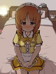 Rule 34 | 10s, 1girl, alternate costume, apron, bed, blush, boko (girls und panzer), bow, bowtie, closed mouth, coco&#039;s, dress, embarrassed, girls und panzer, hands on lap, highres, indoors, lace, lace-trimmed dress, lace trim, looking at viewer, maid headdress, name tag, nishizumi miho, short dress, short hair, sitting, solo, sweat, waist apron, waitress, wavy mouth, yellow bow, yellow bowtie, yellow dress, yogurt bakudan