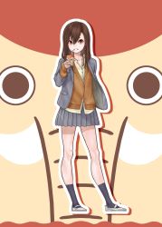 Rule 34 | 1girl, black socks, brown hair, brown sweater, collared shirt, full body, grey footwear, grey jacket, grey skirt, hair between eyes, hand up, highres, jacket, juice box, long hair, miyoshi yoshimi, original, outline, parted lips, pleated skirt, shirt, shoes, skirt, sleeves past wrists, socks, solo, standing, sweater, white outline, yellow shirt