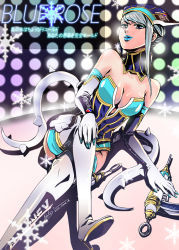 Rule 34 | 10s, 1girl, bad id, bad pixiv id, bare shoulders, blue eyes, blue hair, blue rose (tiger &amp; bunny), boots, breasts, cleavage, earrings, elbow gloves, fingernails over gloves, gloves, gun, high heels, ijoli, jewelry, karina lyle, large breasts, crossed legs, lipstick, makeup, matching hair/eyes, pepsi nex, product placement, shoes, short hair, sitting, solo, superhero costume, thigh boots, thighhighs, tiger &amp; bunny, weapon