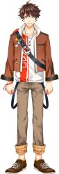 Rule 34 | 1boy, absurdres, arms at sides, bracelet, brown footwear, brown hair, brown jacket, brown pants, clenched hands, collarbone, green eyes, highres, jacket, jewelry, male focus, min suha, necklace, nijisanji, nijisanji kr, official art, pants, shirt, solo, t-shirt, transparent background, virtual youtuber, yoshinowataru