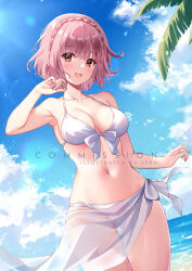 Rule 34 | 1girl, :d, bare arms, bare shoulders, bikini, blue sky, braid, breasts, cloud, commentary request, commission, cowboy shot, crown braid, date a live, day, large breasts, looking at viewer, navel, open mouth, pink eyes, pink hair, sarong, sebu illust, short hair, sky, smile, solo, sonogami rinne, standing, stomach, swimsuit, thighs, watermark, white bikini
